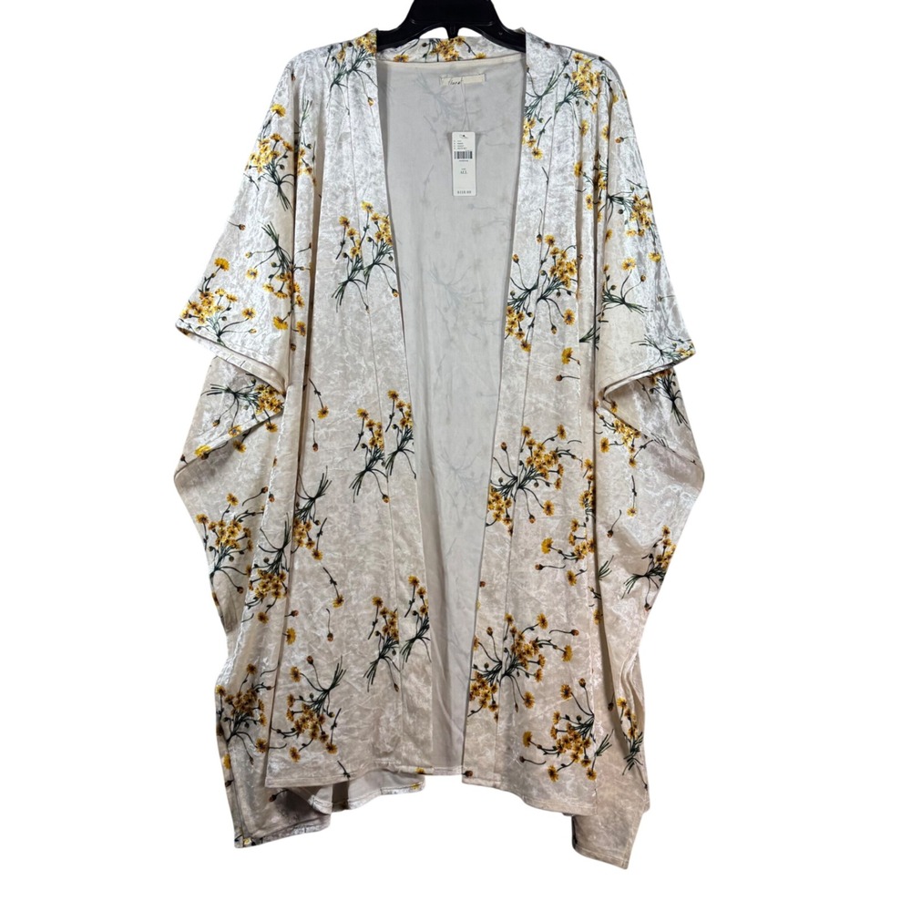 Floreat Anthropologie Kimono Cream Yellow Floral Velvet Boho Women OS